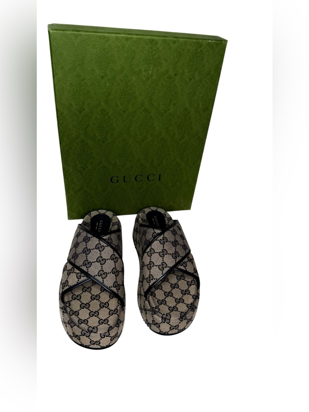 Gucci GG Canvas Platform Slides Sandals Beige Blue Sz 41 NWT - Picture 2 of 12